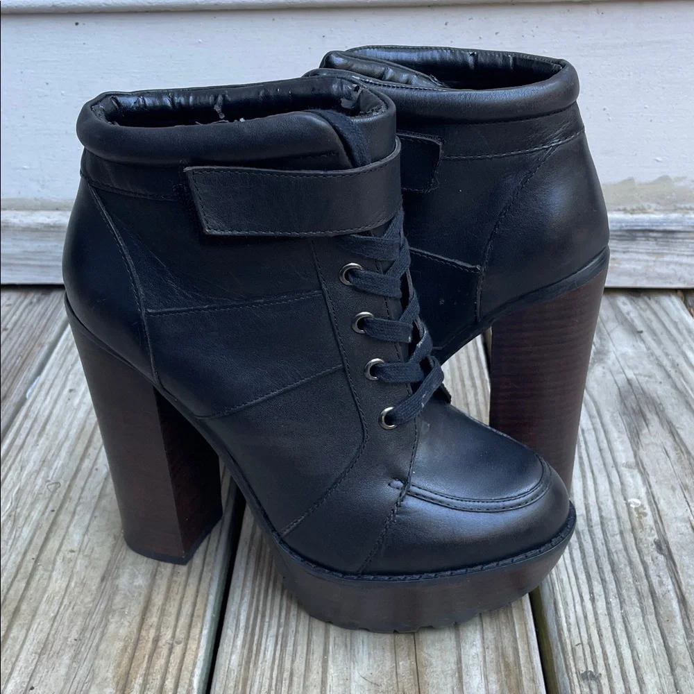 Steve Madden Deluxe Black Leather Platform Ankle Boots Chunky Block Heel Size 8